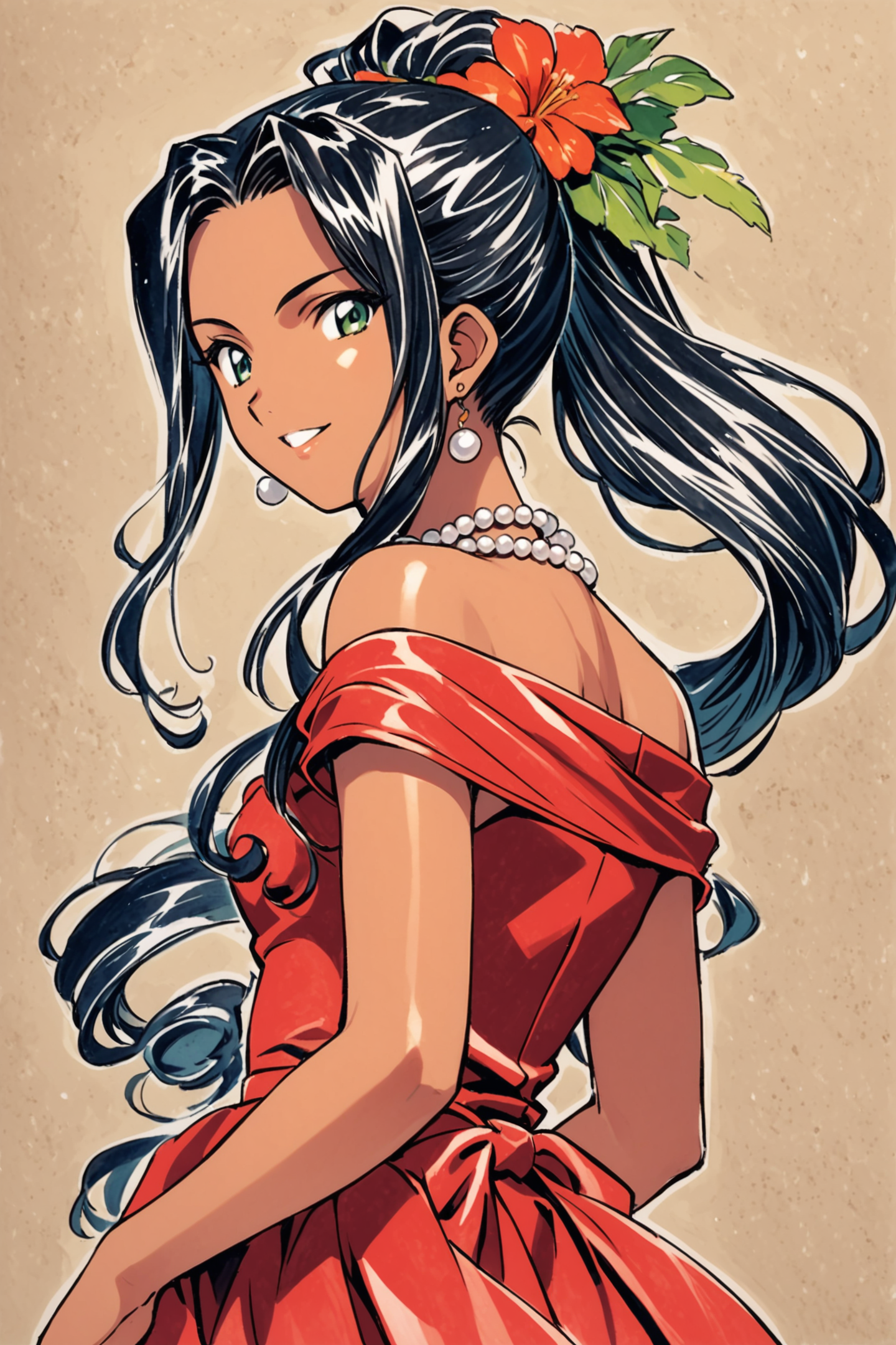 31419-4136162243-Soletta Orihime,1girl,solo,red dress,jewelry,black hair,green eyes,necklace,earrings,long hair,off-shoulder dress,dark skin,curl.png